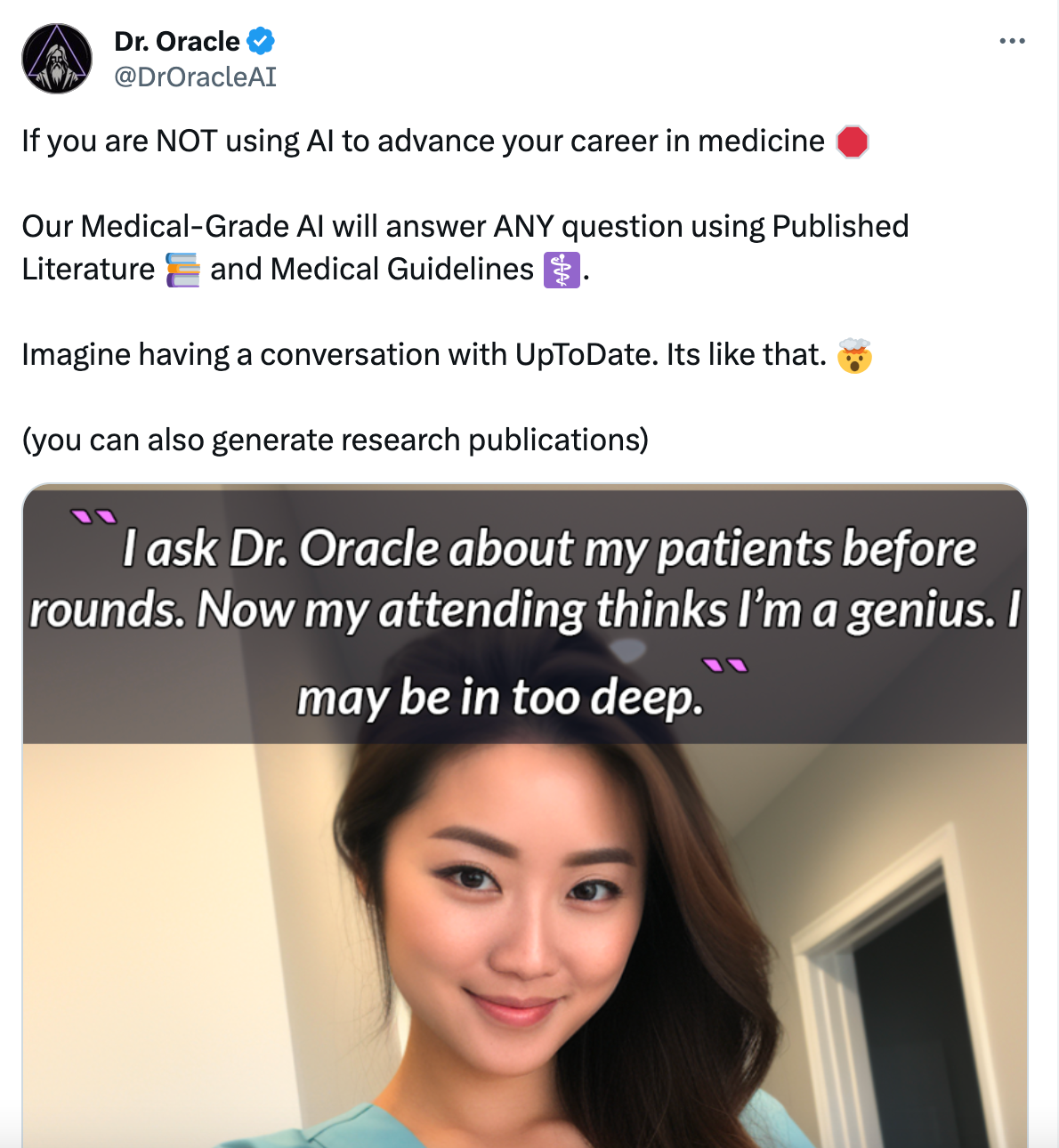 DrOracleAI: if you are not using AI to advance your career in medicine, stop - our medical grade AI will answer any question using published literature and medical guidelines. You can also generate research publications.