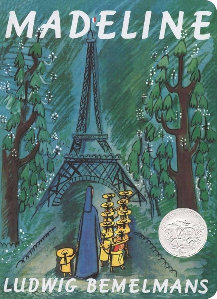 Cover of the children's book Madeline, with small kids walking toward the Eiffel Tower