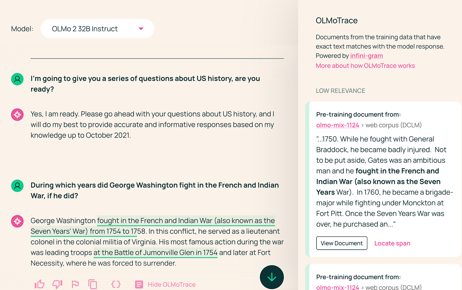 Screenshot of the AI2 Playground, using OLMo Trace to view sources related to this question about George Washington